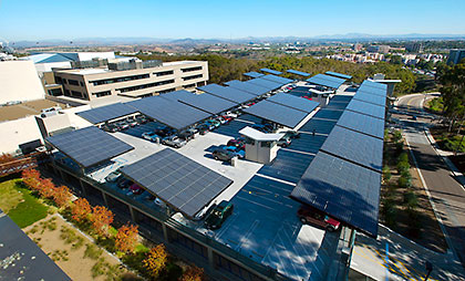 Solar panels like the ones perched atop the Hopkins Parking Structure are part of the UC San Diego microgrid, which generates 92 percent of the electricity used on campus.