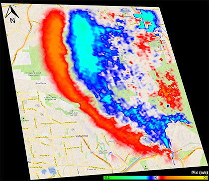 The image shows a snapshot of ground motion of the 2008 magnitude-5.4 Chino Hills earthquake in an east-to-west direction; the red-yellow and green-blue colors depict the amplitude of shaking. The simulation indicates that small-scale heterogeneities (causing the highly irregular pattern of shaking in the image) may significantly affect ground motion in geologic basins. Simulation by Efecan Poyraz/UC San Diego and Kim Olsen/SDSU. Visualization by Efecan Poyraz; map image courtesy of Google.