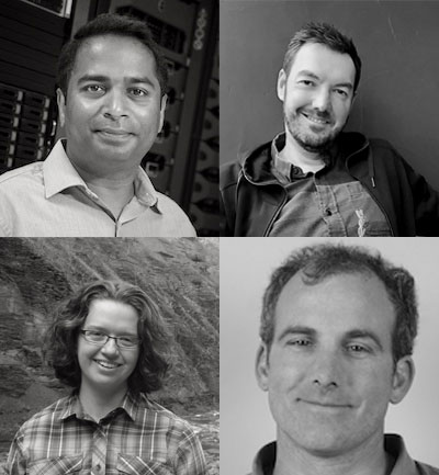 Headshots of OpenTopography principal investigators Viswanath Nandigam, Christopher Crosby, Chelsea Scott and Ramon Arrowsmith. 