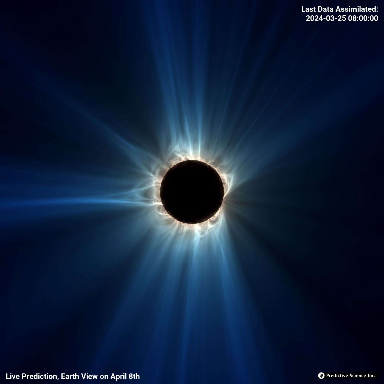 Simulation of the solar corona during an eclipse with colorful streaks emanating from the dark circle of the sun. 