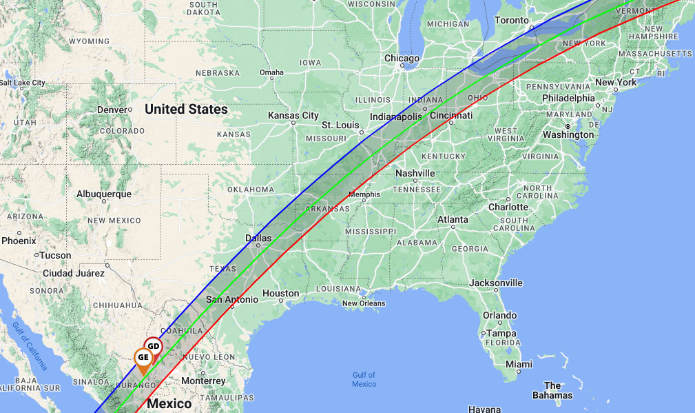 Map of the U.S. and Mexico showing the optimal path for viewing the solar eclipse.