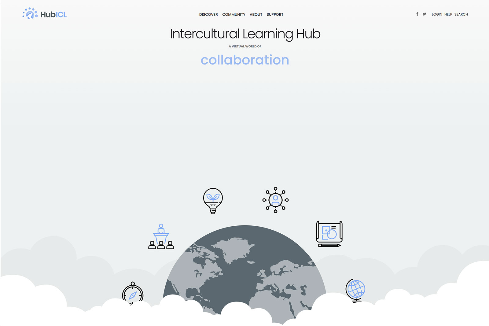 Screen capture of the HubICL homepage containing an illustration of a partial globe in the clouds surrounded by tech icons. 