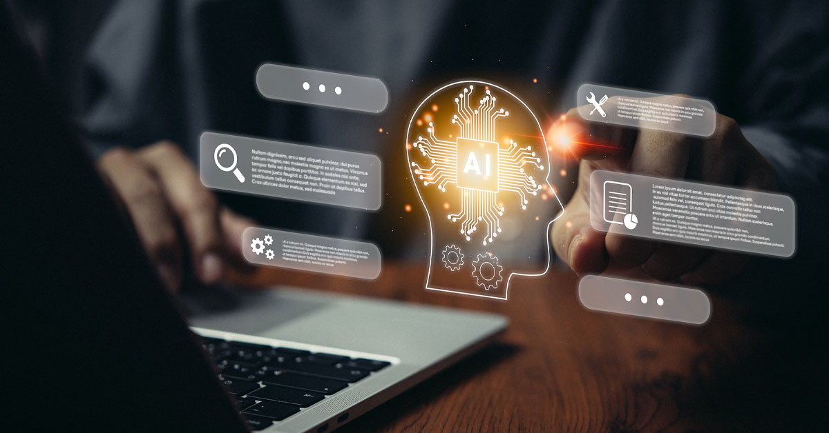 AI search, circuitry and computing elements superimposed over hands at a laptop keyboard.