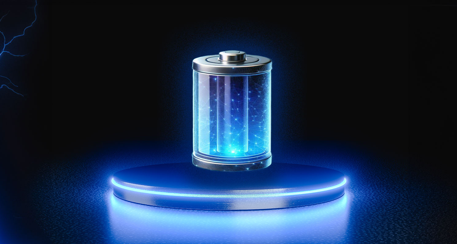 Futuristic glowing blue battery.