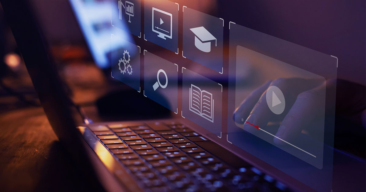 Online training concept of laptop and education icons.