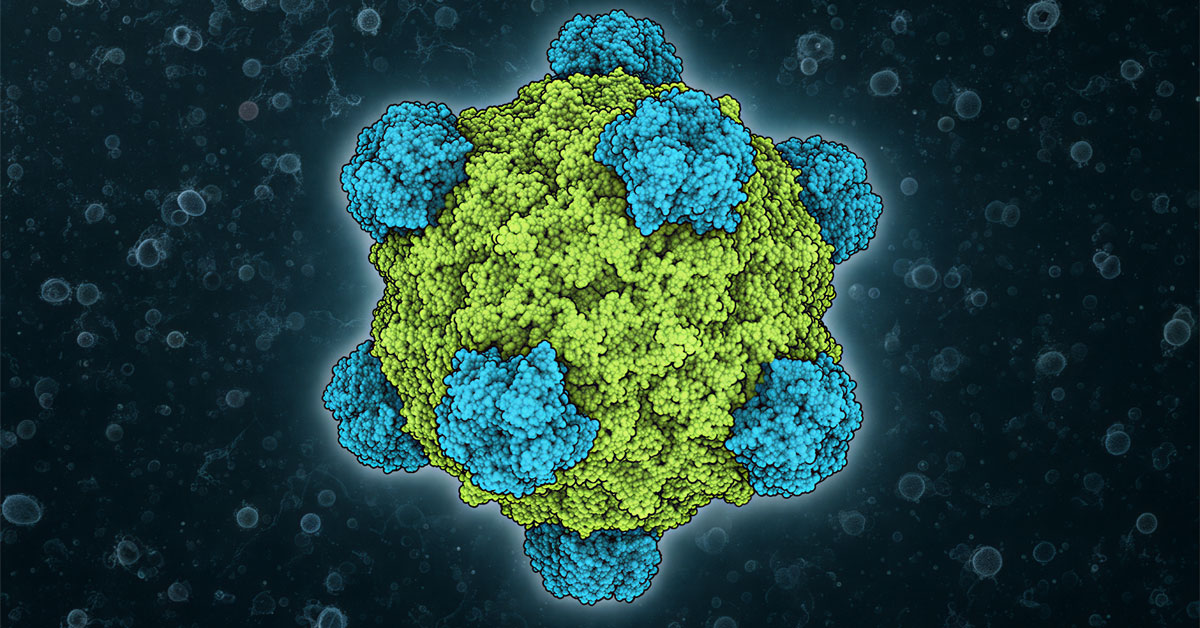 Green and blue spherical molecular structure floating against a dark, speckled background.